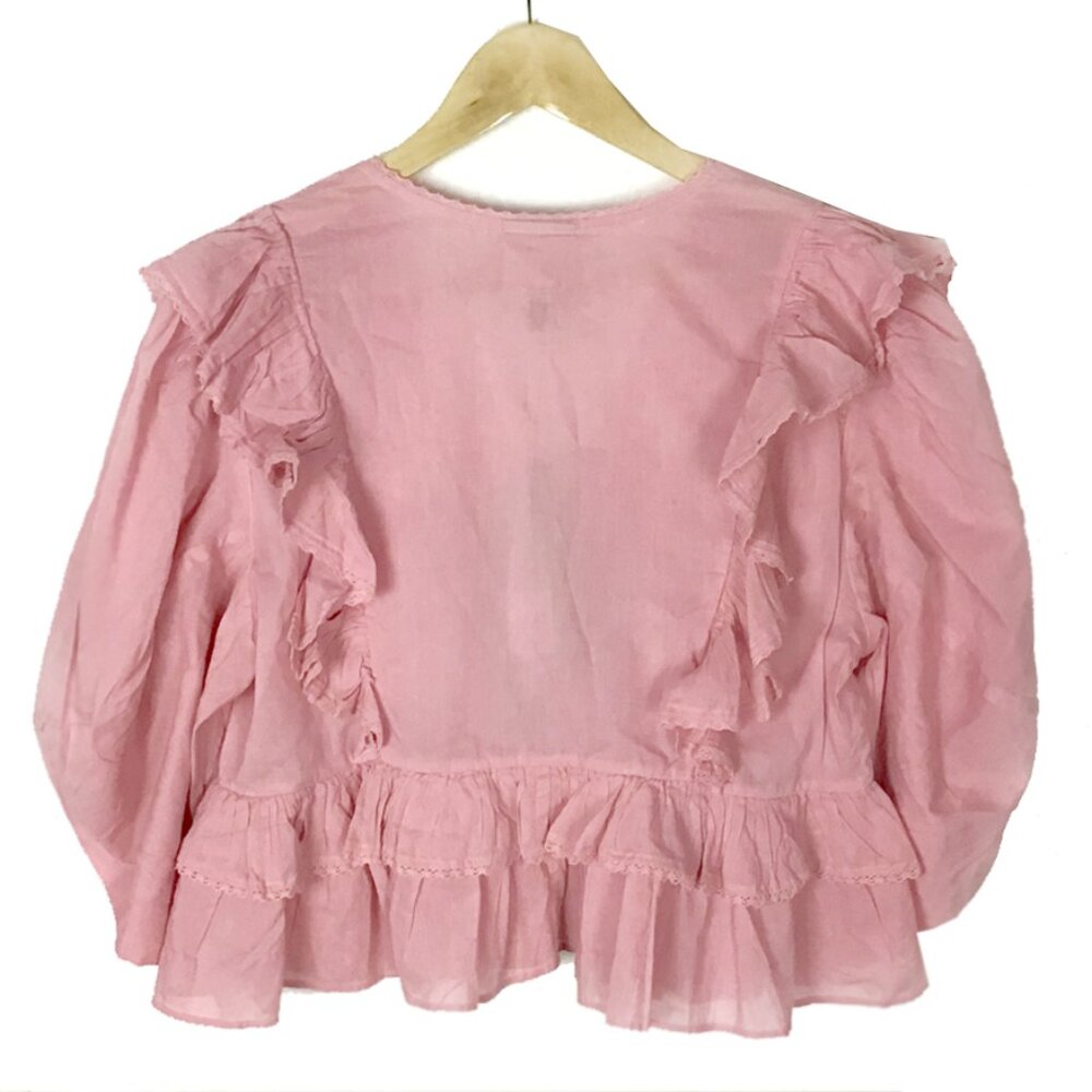 FARM Rio Blush Pink Puff Sleeve V-Neck Blouse - Picture 8 of 14